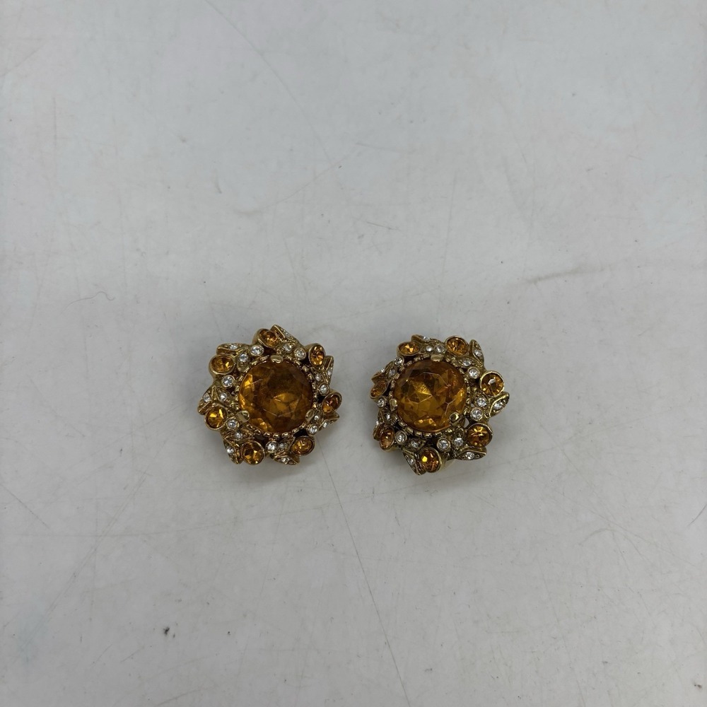 Joan Rivers Vintage Gold Tone Clip-On Earrings with Brown/Amber Rhinestones